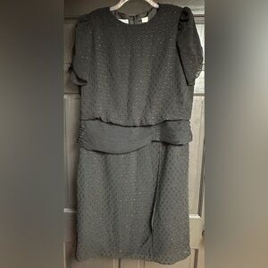 Vintage Leslie Fay Formal Dress Black Shimmery Dots Shirred Waist Accent Size 16